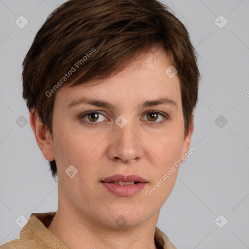 Joyful white young-adult female with short  brown hair and grey eyes