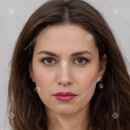 Neutral white young-adult female with long  brown hair and brown eyes