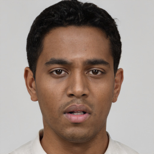 Neutral black young-adult male with short  black hair and brown eyes