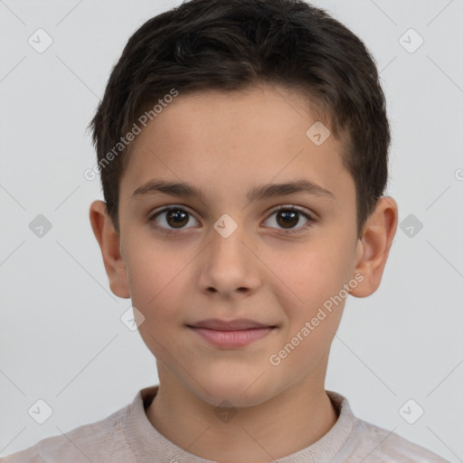 Joyful white child male with short  brown hair and brown eyes