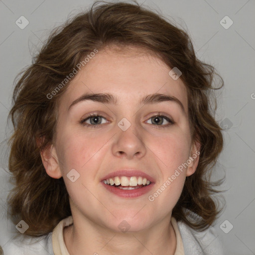 Joyful white young-adult female with medium  brown hair and blue eyes