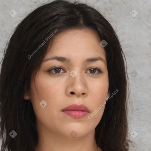 Neutral asian young-adult female with long  brown hair and brown eyes