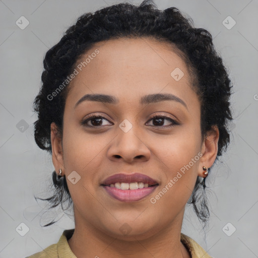 Joyful black young-adult female with long  brown hair and brown eyes