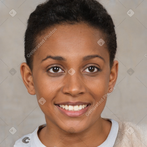 Joyful black young-adult female with short  brown hair and brown eyes