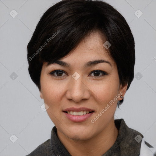 Joyful asian young-adult female with medium  black hair and brown eyes