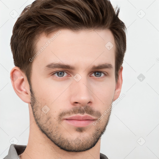 Neutral white young-adult male with short  brown hair and grey eyes