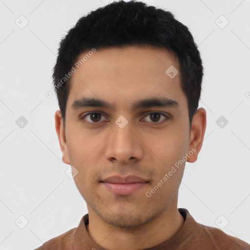 Neutral asian young-adult male with short  black hair and brown eyes