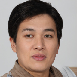 Neutral asian young-adult male with short  brown hair and brown eyes