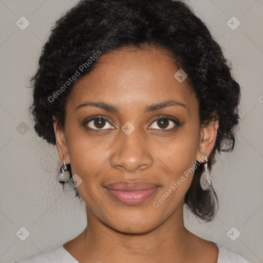 Joyful black young-adult female with medium  black hair and brown eyes