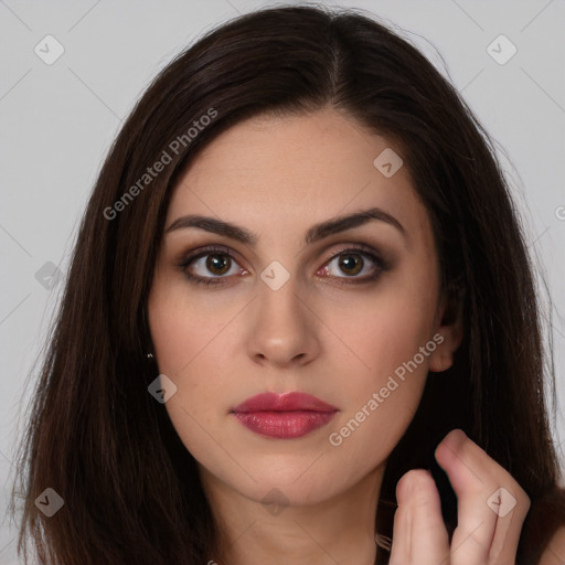 Neutral white young-adult female with long  brown hair and brown eyes