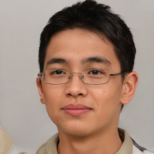 Neutral asian young-adult male with short  brown hair and brown eyes