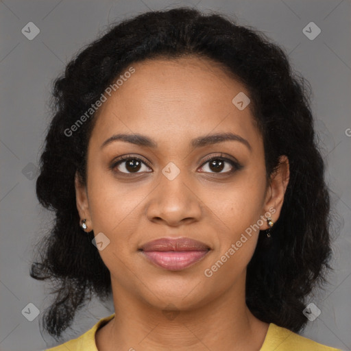 Joyful black young-adult female with medium  black hair and brown eyes