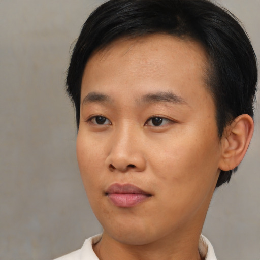 Neutral asian young-adult female with short  brown hair and brown eyes