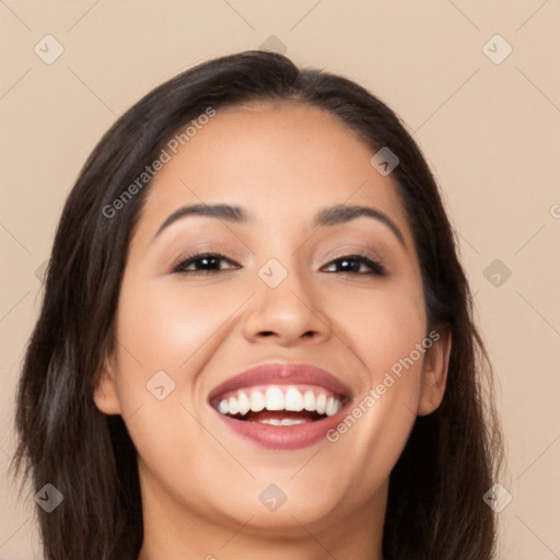 Joyful white young-adult female with long  brown hair and brown eyes