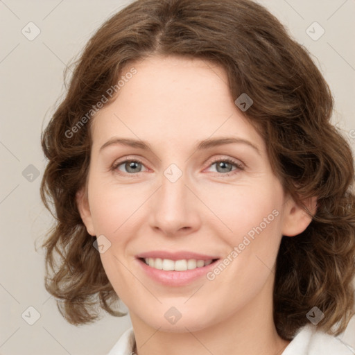 Joyful white young-adult female with medium  brown hair and green eyes