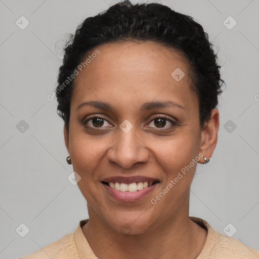 Joyful latino young-adult female with short  brown hair and brown eyes