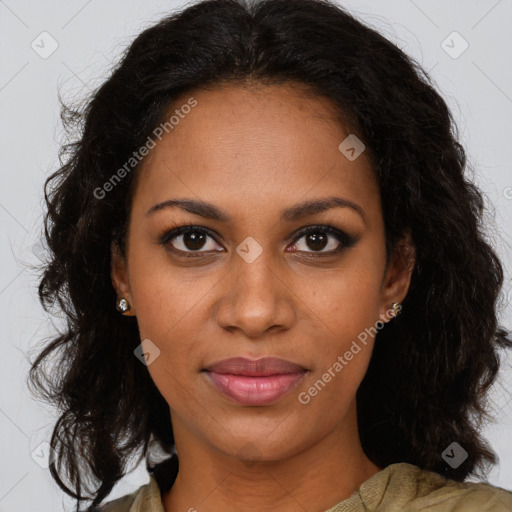 Joyful black young-adult female with long  brown hair and brown eyes