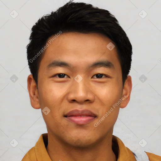 Joyful asian young-adult male with short  black hair and brown eyes