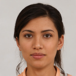 Neutral asian young-adult female with medium  brown hair and brown eyes