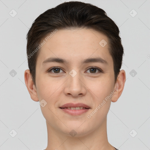 Joyful white young-adult female with short  brown hair and brown eyes