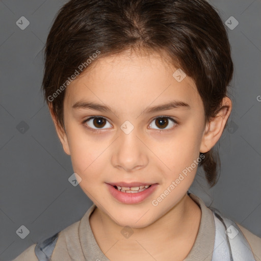 Joyful white child female with medium  brown hair and brown eyes