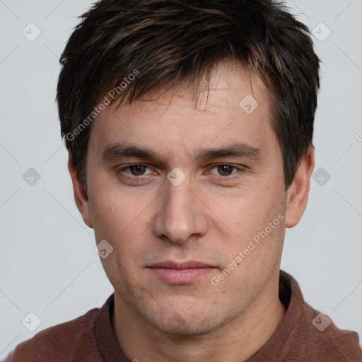 Neutral white young-adult male with short  brown hair and brown eyes