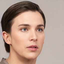 Neutral white young-adult female with short  brown hair and brown eyes