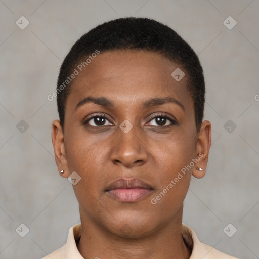 Neutral black young-adult female with short  brown hair and brown eyes