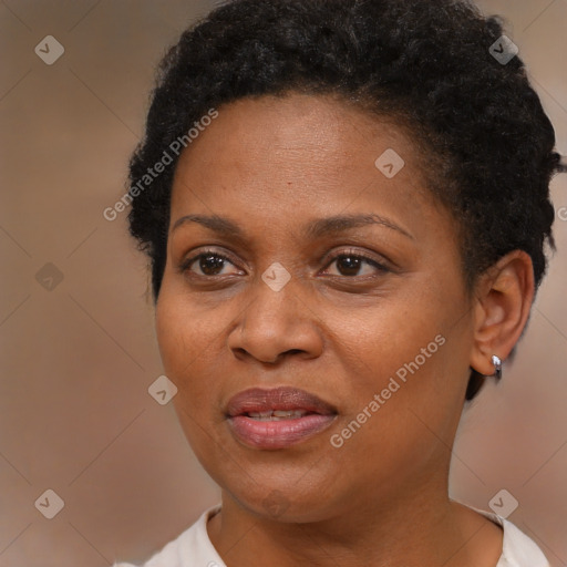 Joyful black adult female with short  brown hair and brown eyes