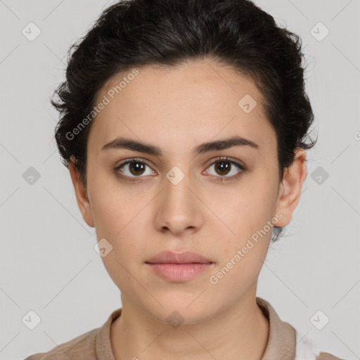 Neutral white young-adult female with short  brown hair and brown eyes