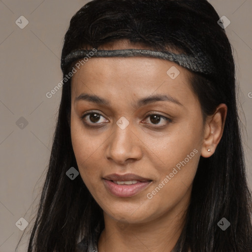 Joyful latino young-adult female with long  brown hair and brown eyes