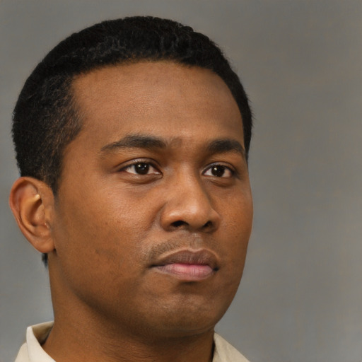 Neutral black young-adult male with short  brown hair and brown eyes