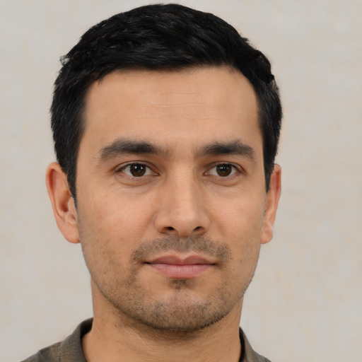 Neutral asian young-adult male with short  black hair and brown eyes