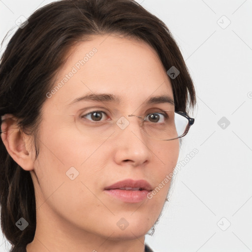 Neutral white young-adult female with medium  brown hair and brown eyes