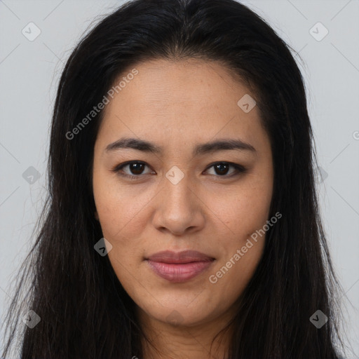 Joyful asian young-adult female with long  brown hair and brown eyes