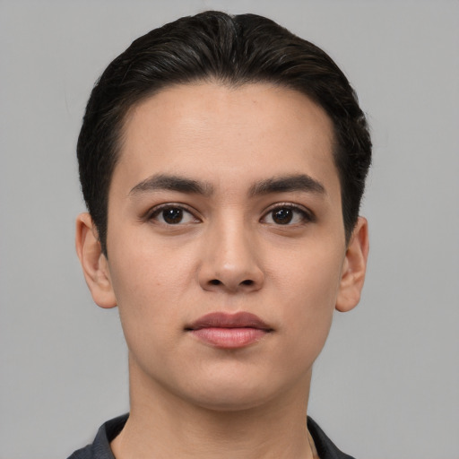 Neutral white young-adult male with short  brown hair and brown eyes