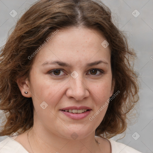 Joyful white adult female with medium  brown hair and brown eyes