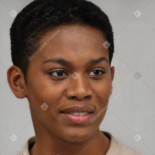 Joyful black young-adult female with short  brown hair and brown eyes