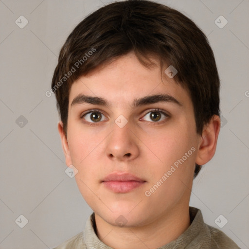 Neutral white young-adult male with short  brown hair and brown eyes