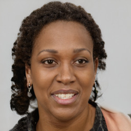 Joyful black adult female with long  brown hair and brown eyes