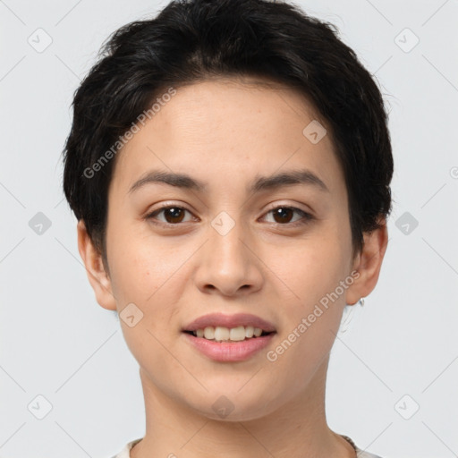 Joyful white young-adult female with short  brown hair and brown eyes