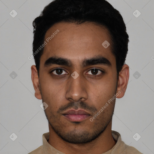 Neutral latino young-adult male with short  black hair and brown eyes
