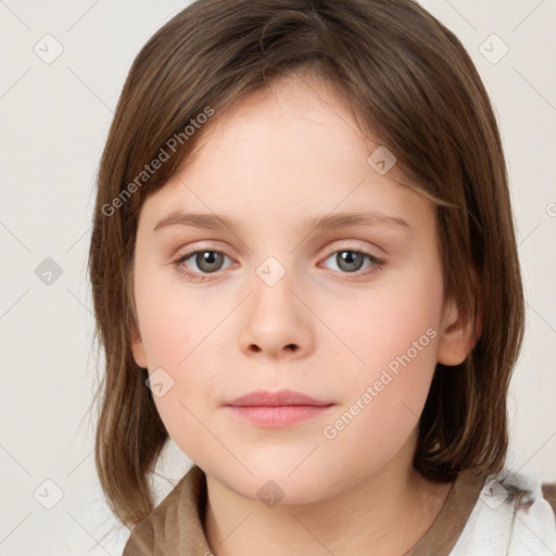 Neutral white young-adult female with medium  brown hair and grey eyes