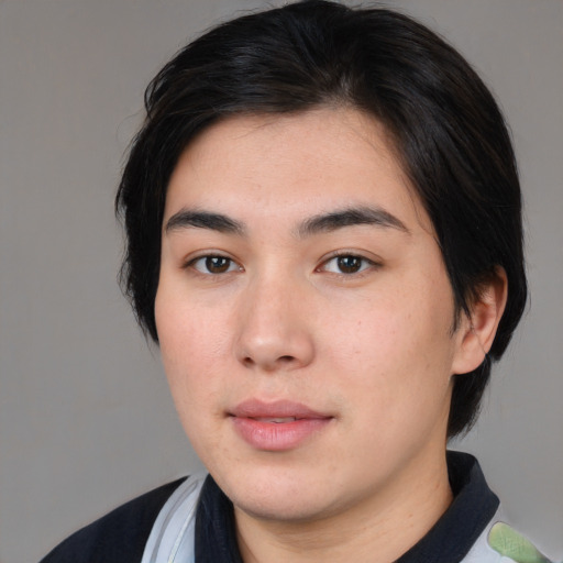 Neutral white young-adult male with medium  black hair and brown eyes