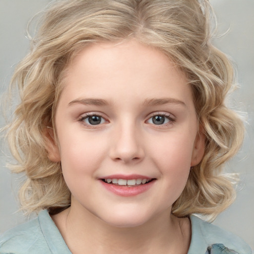 Joyful white child female with medium  blond hair and blue eyes