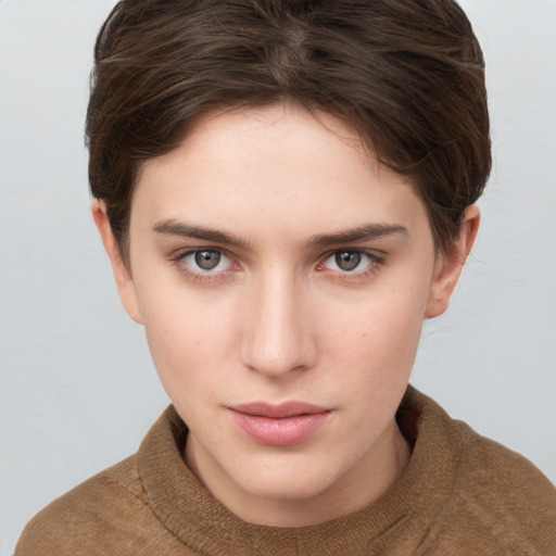 Neutral white young-adult female with short  brown hair and grey eyes