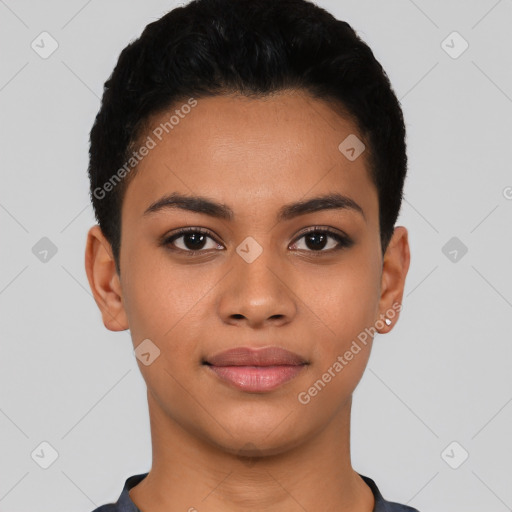 Joyful latino young-adult female with short  black hair and brown eyes