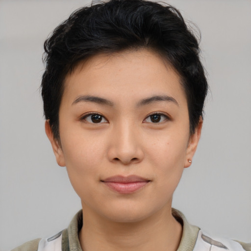 Neutral asian young-adult female with short  brown hair and brown eyes