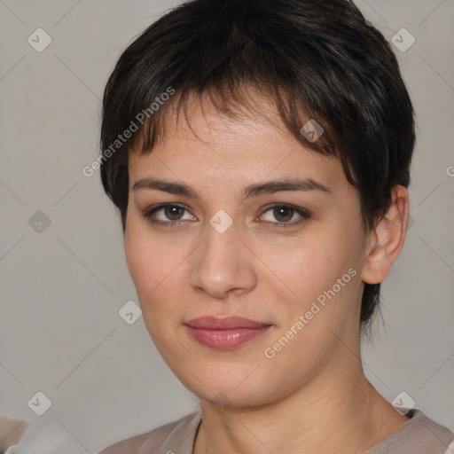 Joyful white young-adult female with medium  brown hair and brown eyes