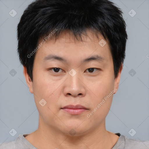 Neutral asian young-adult male with short  brown hair and brown eyes